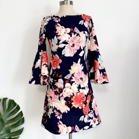 Eliza J Dresses & Skirts - Eliza J Navy Blue Floral Bell Sleeve Mini Dress Size 2 Fit & Flare Party